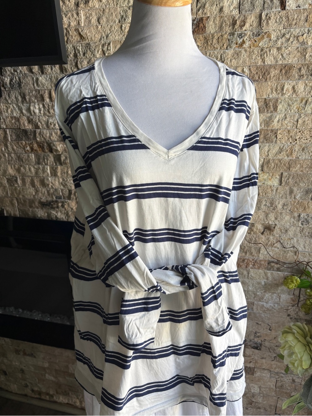 Lands' End Cream and Navy Striped V-Neck Long Sleeve Tee